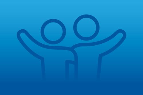 graphic of two people with arms around each other on blue background