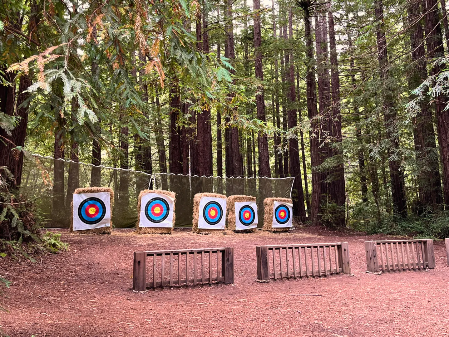 The Camp Loma Mar archery range sits in a dense grove of redwood trees, the targets are multicolored and sit across a small field from fences where archers could stand to shoot their bows.